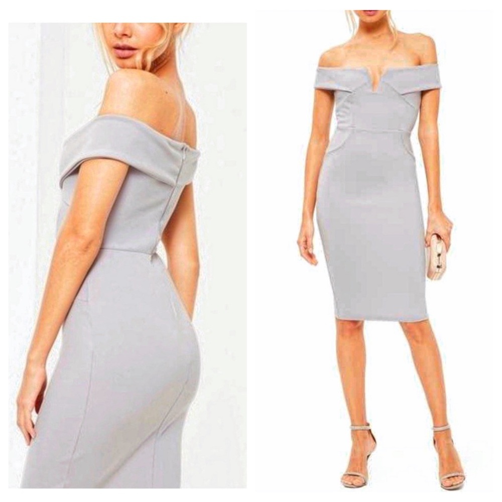 NWT Women’s Missguided Bardot Plunge Midi Off the Shoulder Gray Dress Size 10